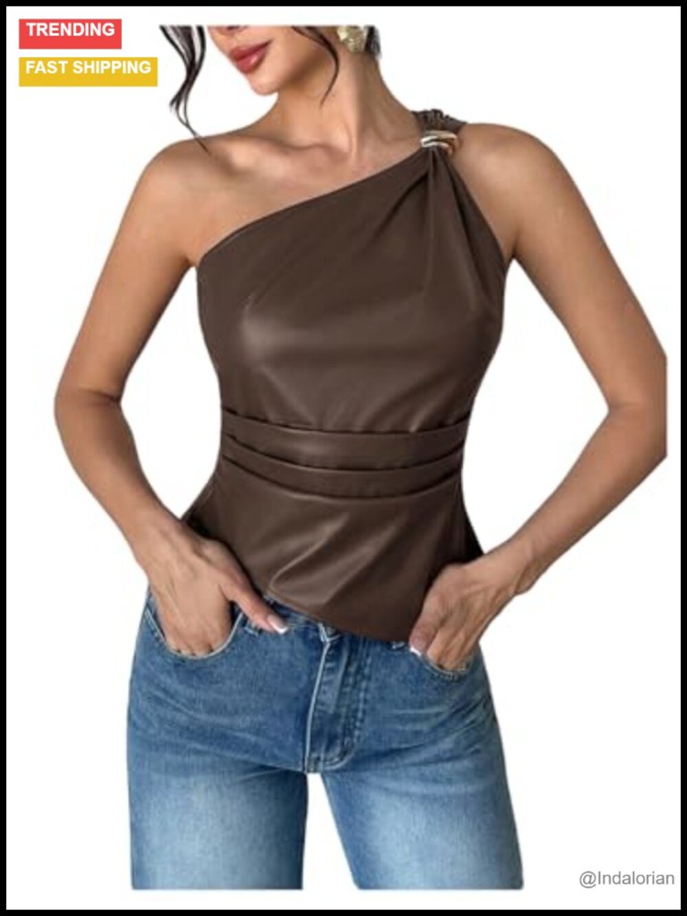Faux Leather One Shoulder Asymmetrical Ruched Tank Top Sleeveless Party Club Top